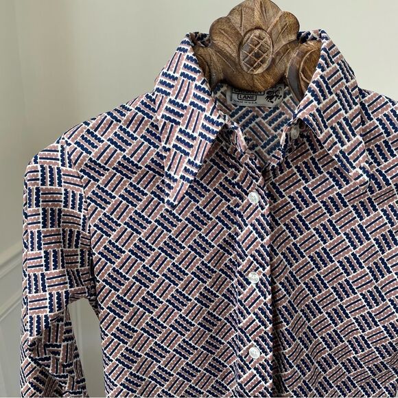 Vintage 70s Cricket Lane Brown Blue Dagger Collar Polyester Button Front Shirt - Picture 1 of 6